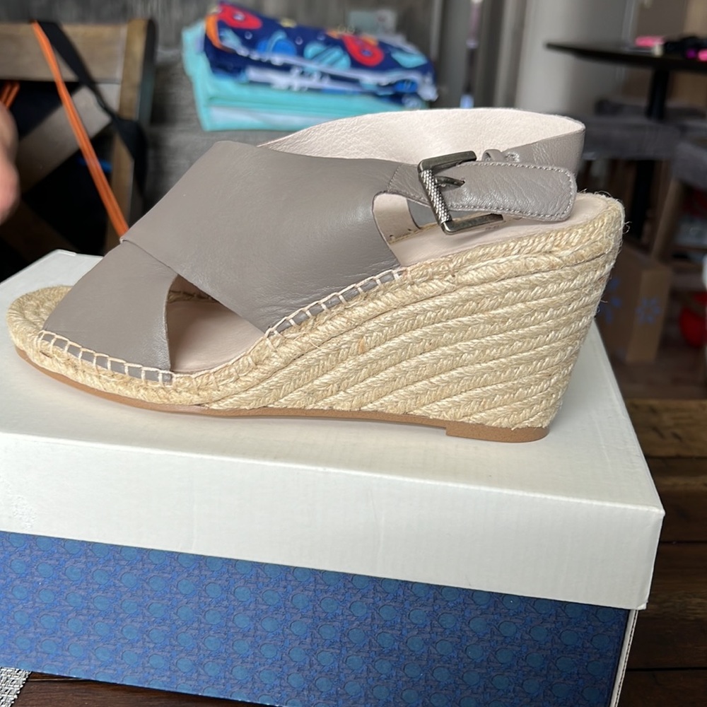 Grey leather wedge sandal